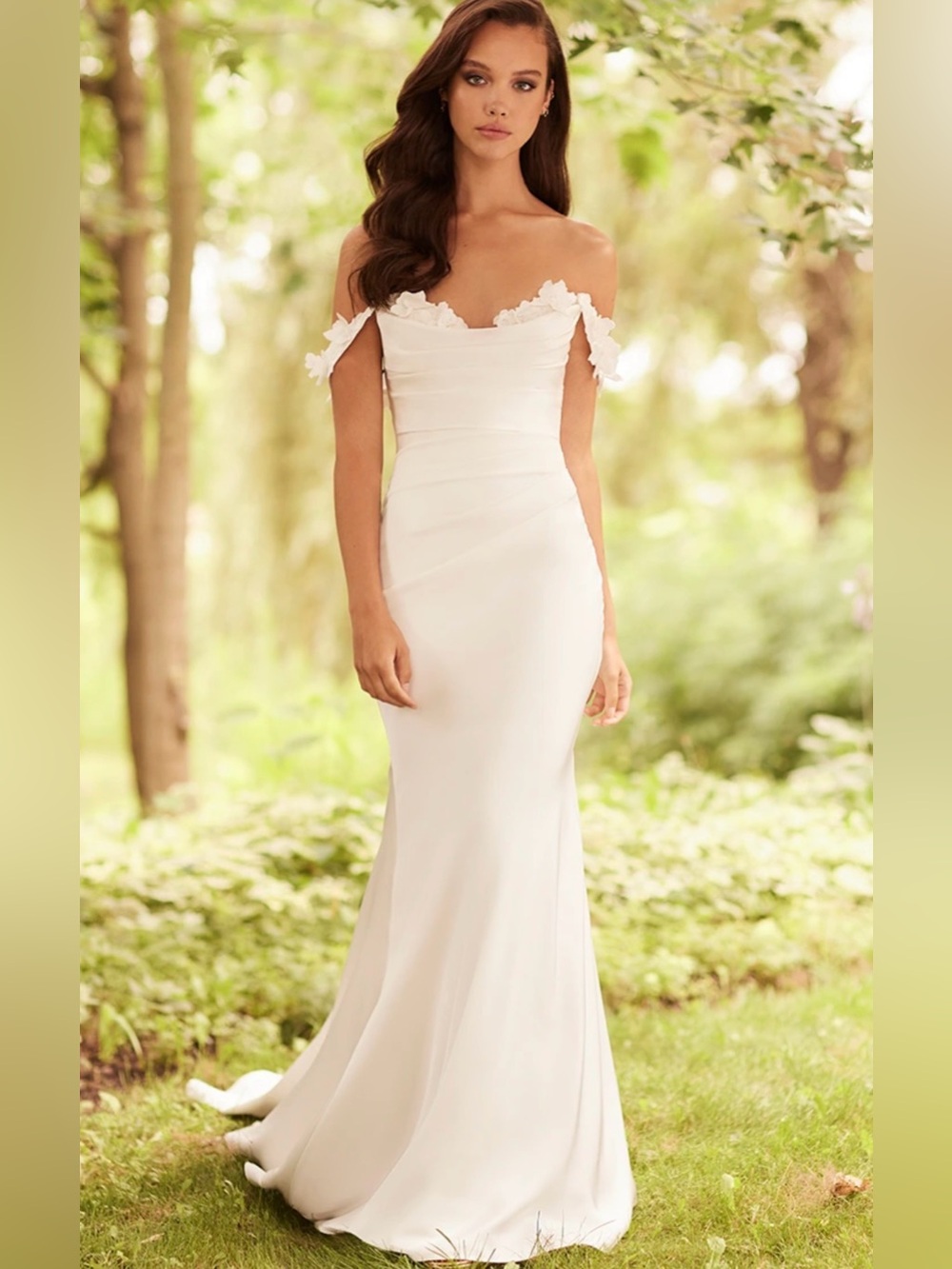 Paloma Blanca Strapless Sweetheart Charmeuse Lace Train Wedding Dress 6P